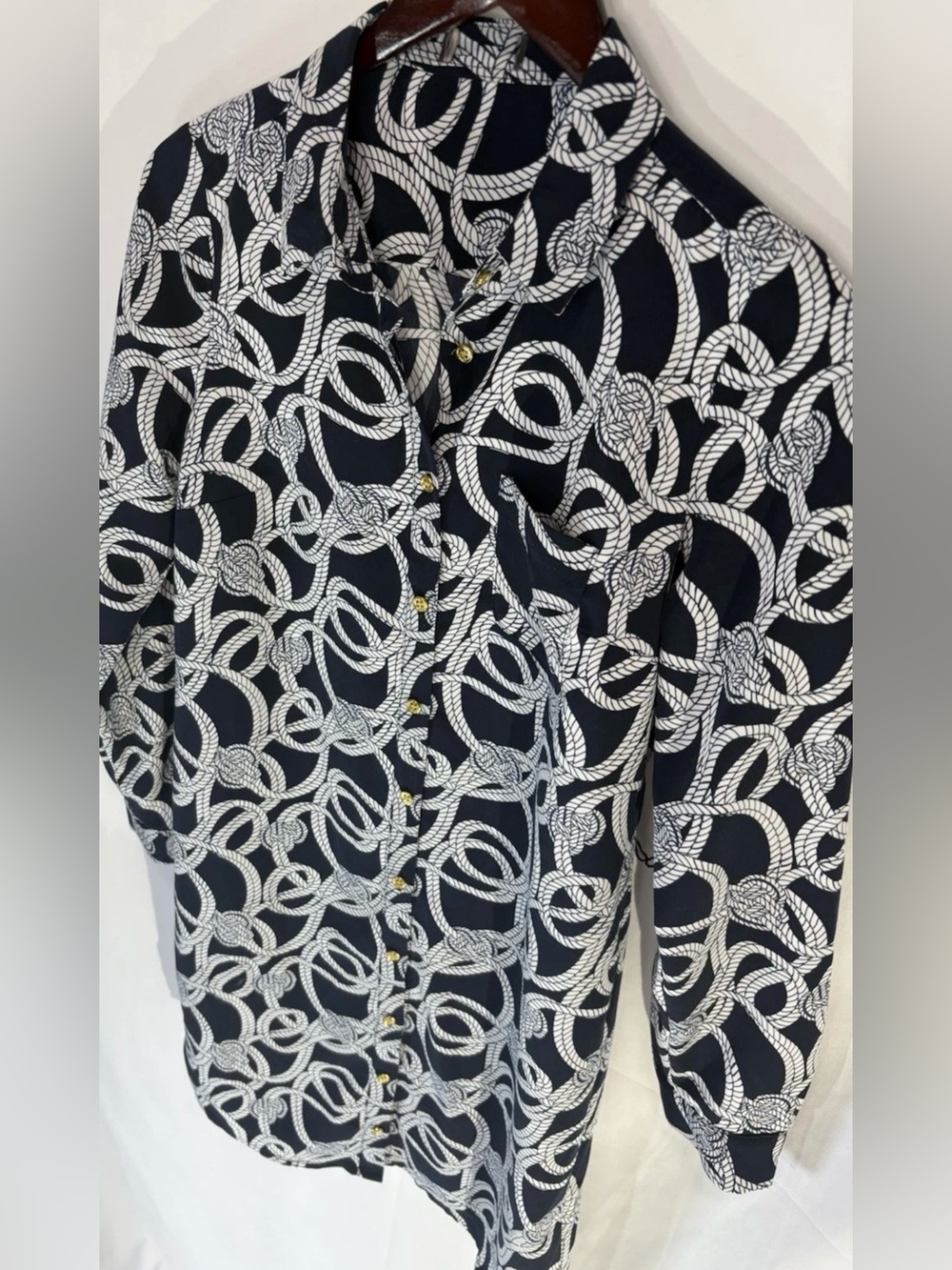 Women's Navy Rope Print Nautical Shirt Dress Gold Buttons Long Sleeve Small
